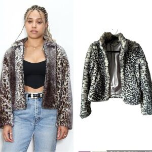 Faux Fur Cheetah Print Cropped Bomber Jacket Sz XS Black Gray